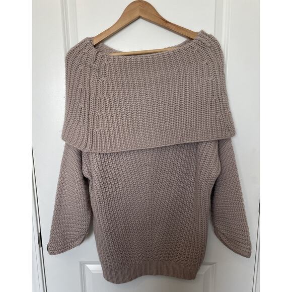Umgee Women’s Taupe Chunky Thick Foldover Off the Shoulder Knit Sweater Sz Small - Picture 3 of 6